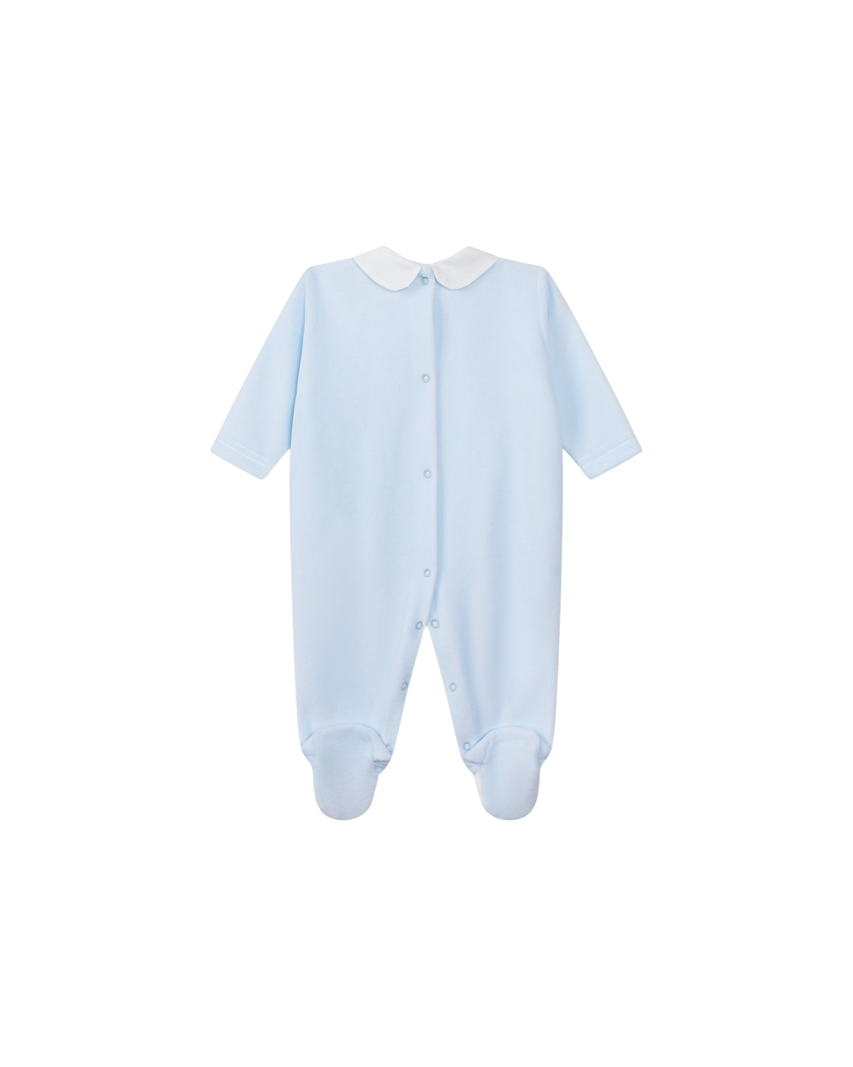 LilleLuxus baby blue cotton blend footed sleeper with a white peter pan collar and front snap button closure