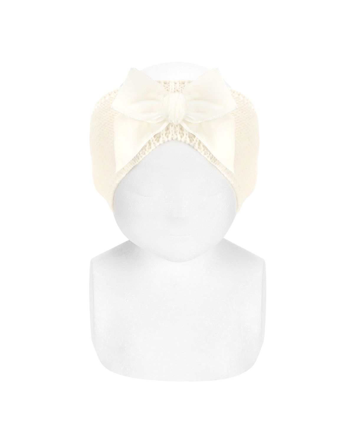 LilleLuxus Condor cream baby headband featuring a soft knitted band and an elegant velvet bow on a mannequin head