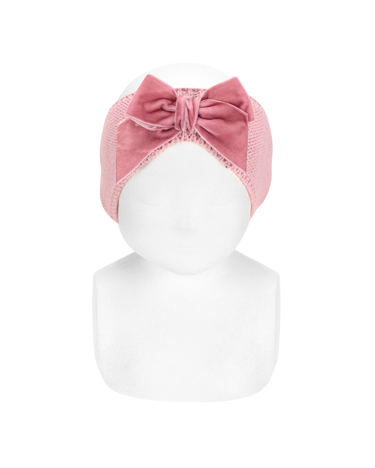 LilleLuxus Condor baby headband in powder pink featuring a soft knit band and an elegant velvet bow on a mannequin