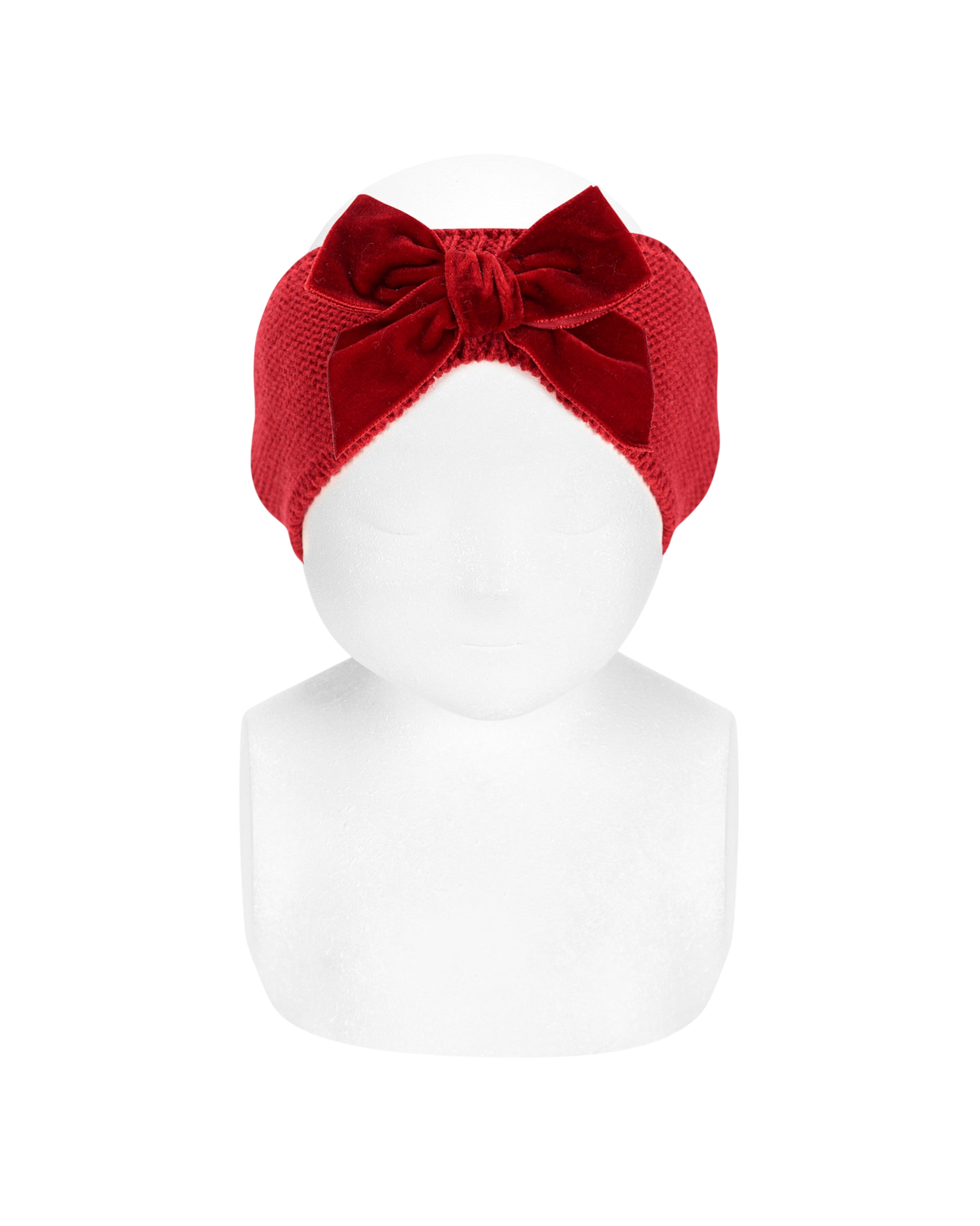 LilleLuxus Condor red velvet baby headband with a large bow on a white mannequin head