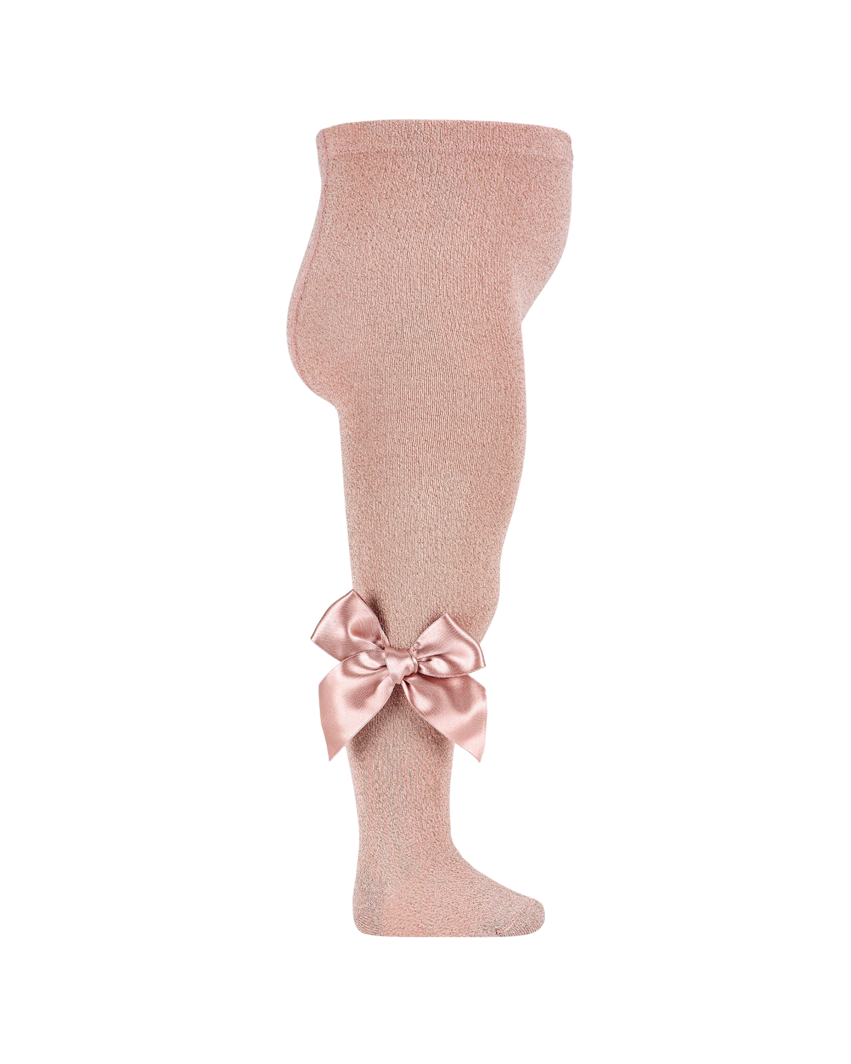 LilleLuxus Condor dusty pink shimmering tights for children featuring a large elegant satin bow on the ankle