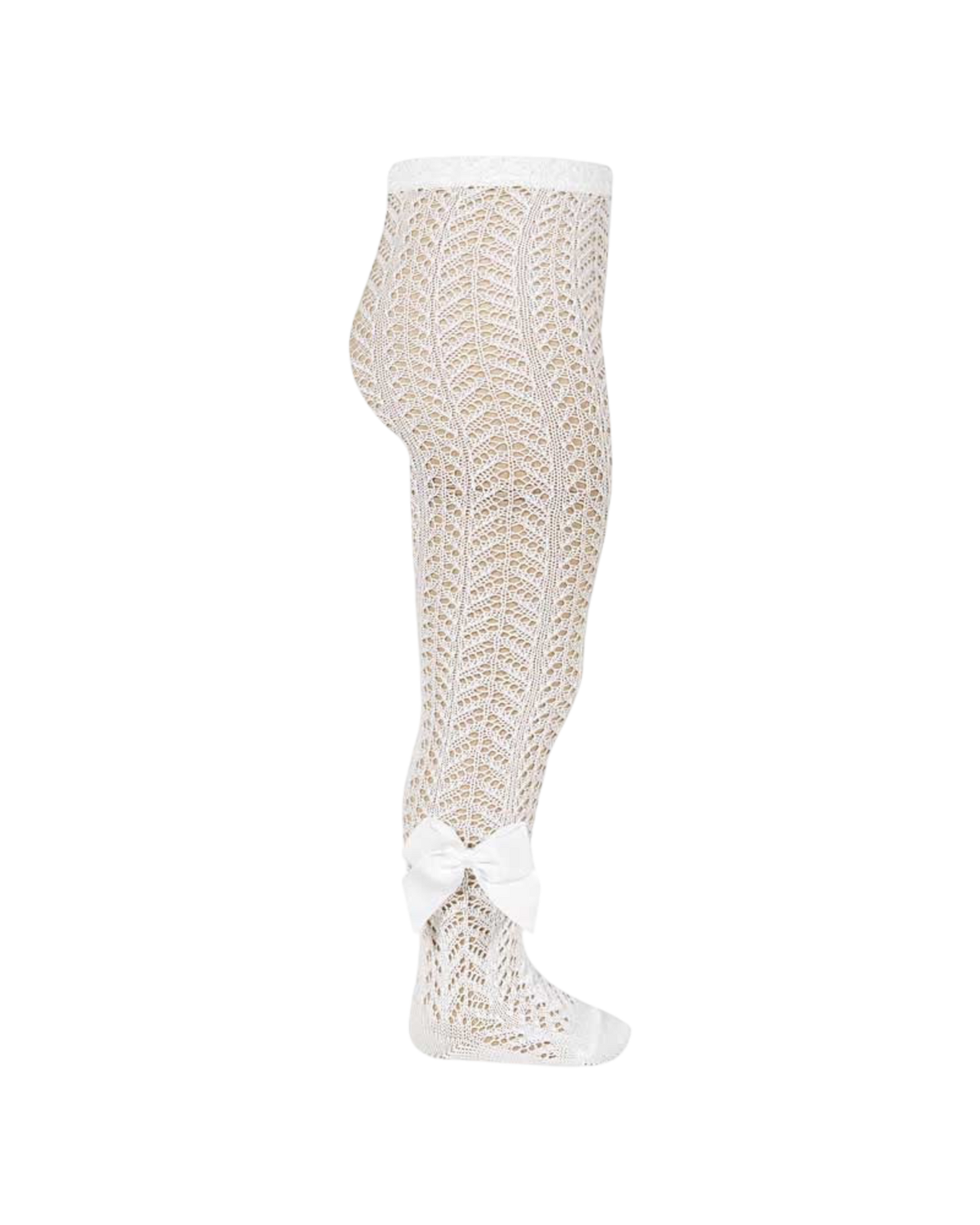 LilleLuxus white Condor baby tights in soft cotton with an elegant pearl knit pattern and a side grosgrain bow.