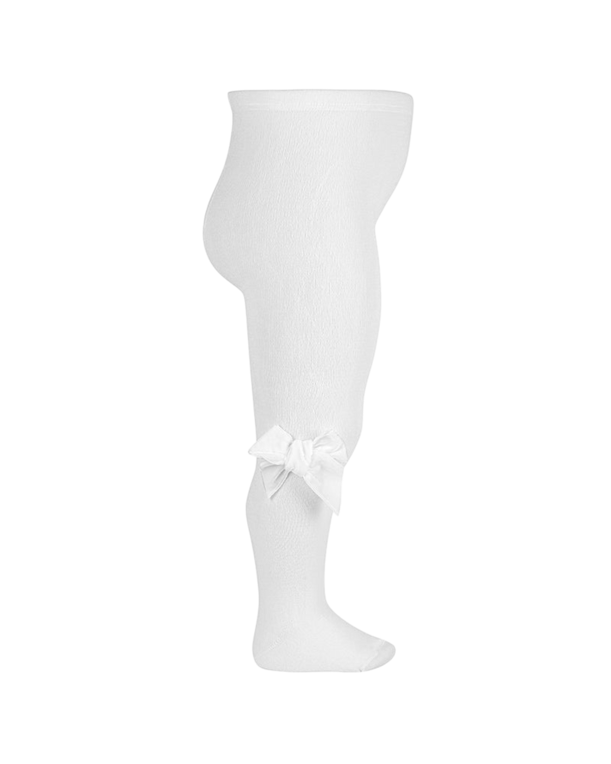 LilleLuxus white cotton baby tights by Condor featuring a delicate side velvet bow for a soft and elegant look.