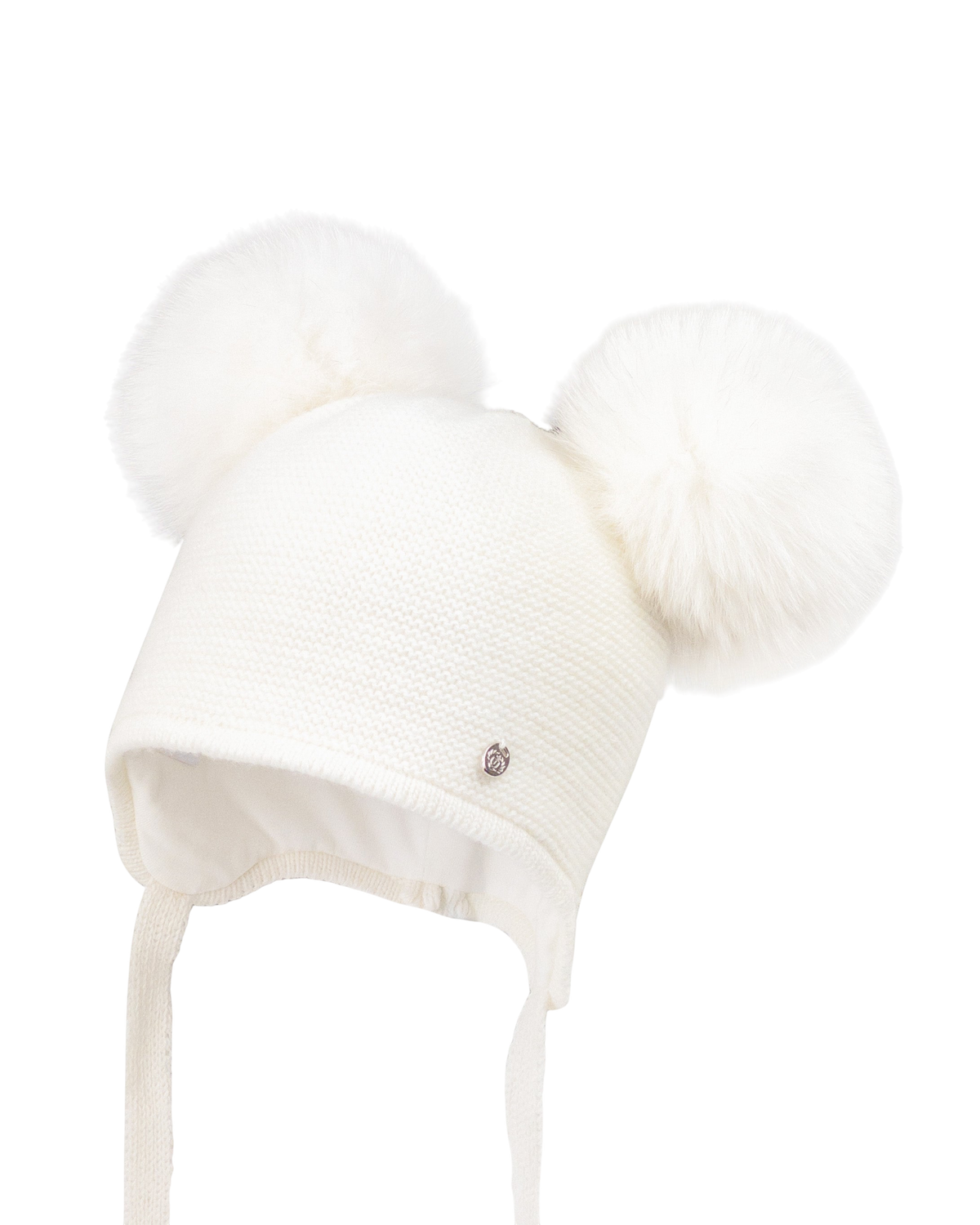 LilleLuxus Jamiks BERIT cream knit baby hat with two fluffy fur pom-poms and soft ear flaps