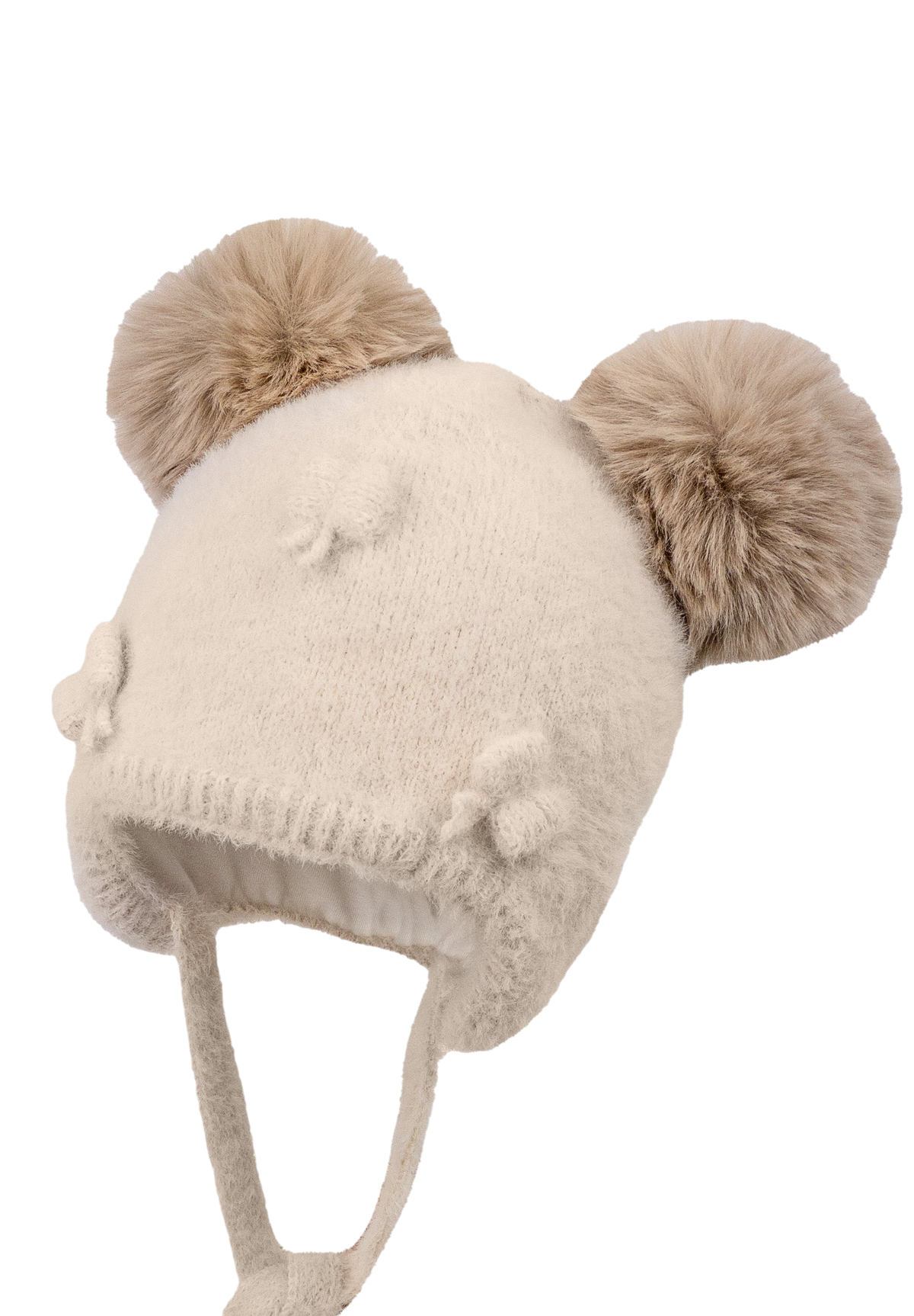 LilleLuxus Jamiks Merida ivory knit baby hat with double faux fur pom-poms and soft ear flaps