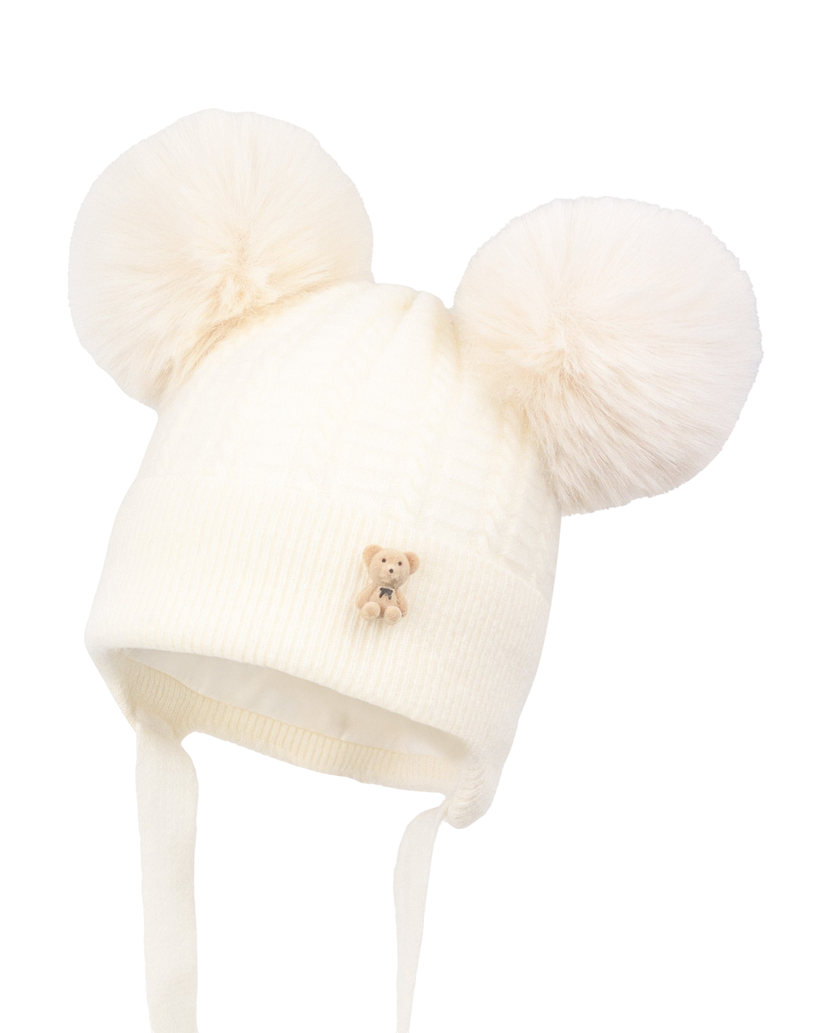 LilleLuxus Jamiks MORTIS cream merino wool baby hat with two large faux fur pom-poms and a small teddy bear detail.