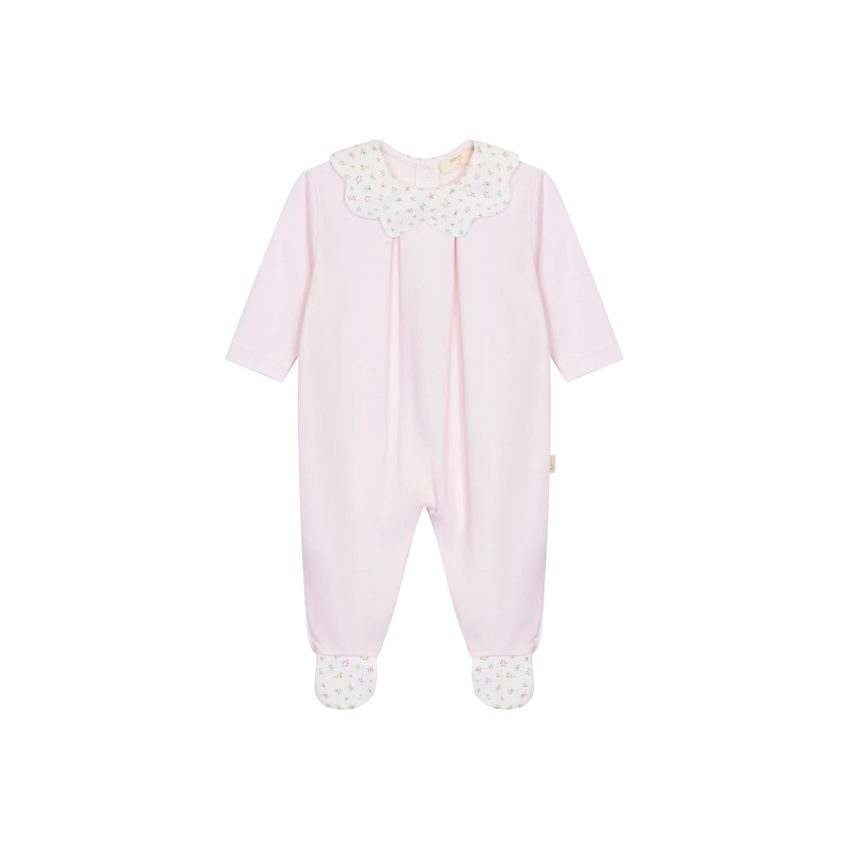 LilleLuxus baby girl pink interlock cotton footed sleeper with a floral scalloped collar and cuffs