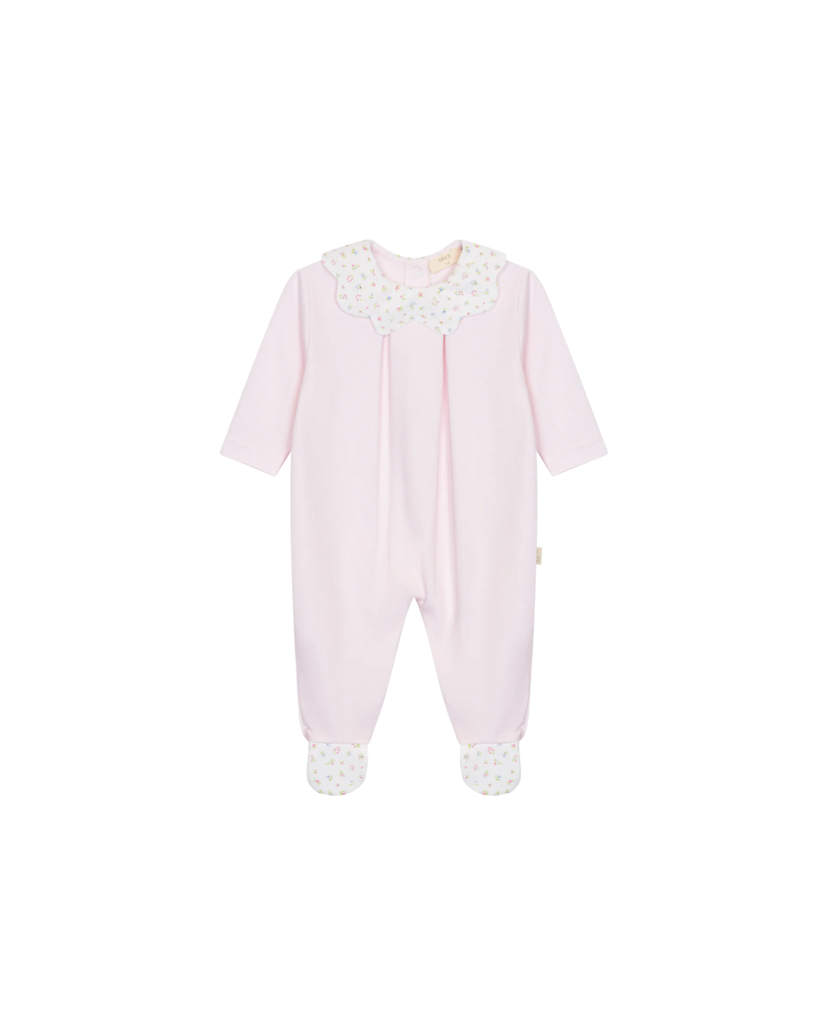 LilleLuxus baby girl pink interlock cotton footed sleeper with a floral scalloped collar and cuffs