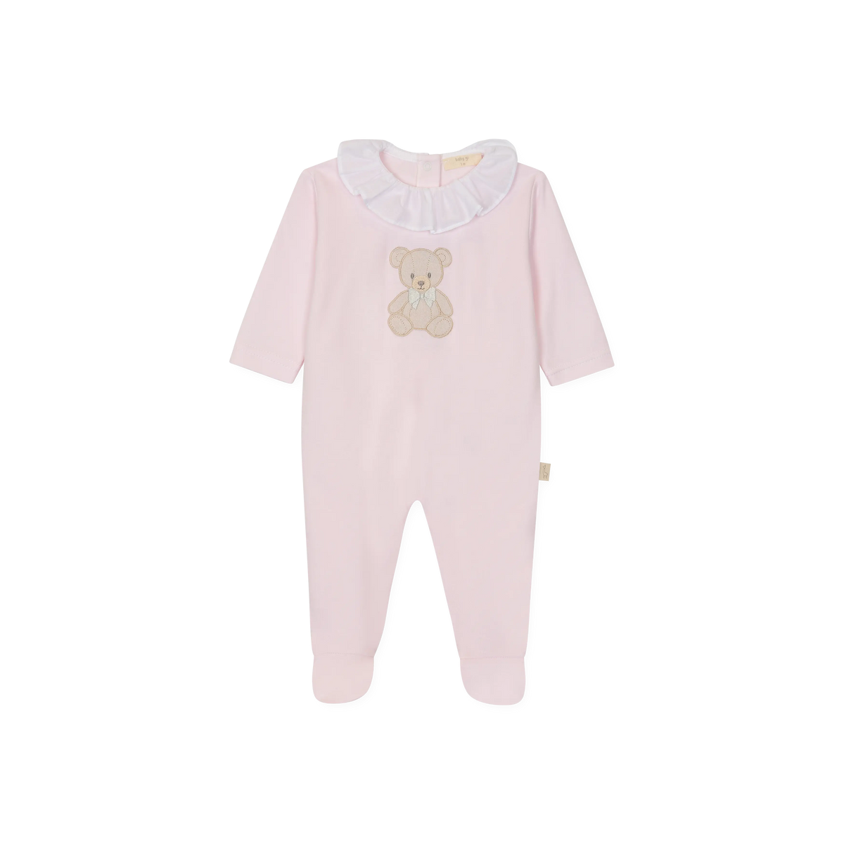 LilleLuxus pink baby onesie in soft interlock cotton with a cute teddy bear motif and a white ruffled collar.