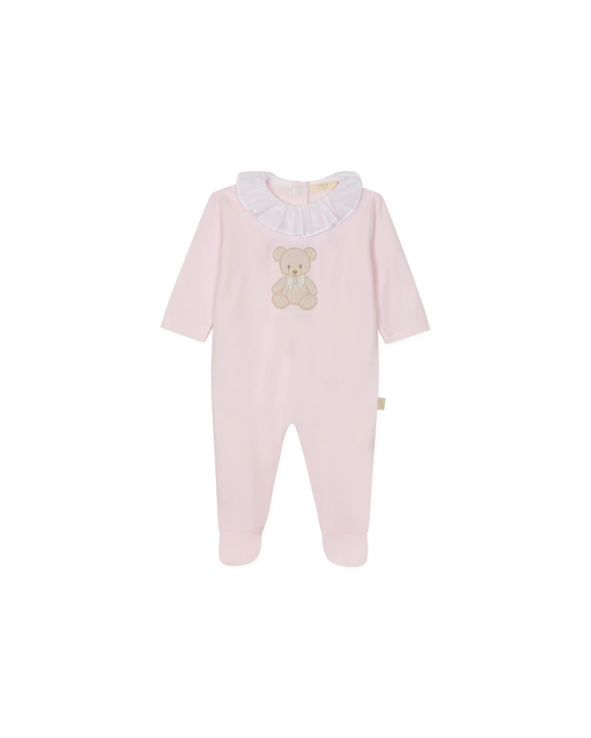 LilleLuxus pink baby onesie in soft interlock cotton with a cute teddy bear motif and a white ruffled collar.