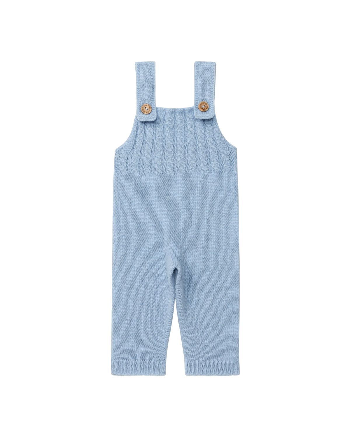 LilleLuxus Wedoble soft blue knitted wool baby dungarees with adjustable button straps and seamless design