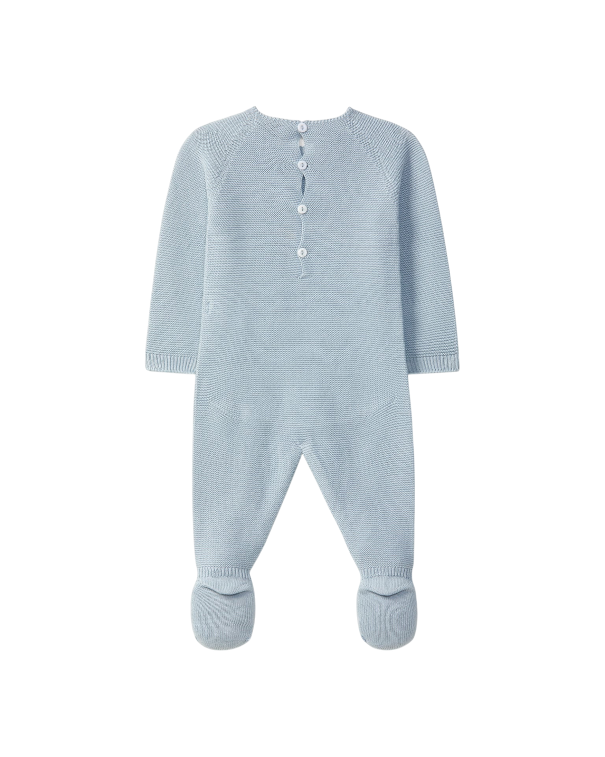 LilleLuxus Wedoble soft blue knitted merino wool baby footed romper with seamless Wholegarment design and button back