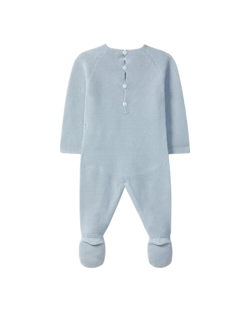 LilleLuxus Wedoble soft blue knitted merino wool baby footed romper with seamless Wholegarment design and button back