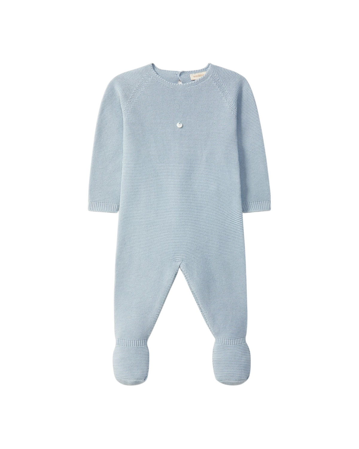 LilleLuxus Wedoble soft blue knitted baby footed romper made from 100% merino wool with a seamless design.