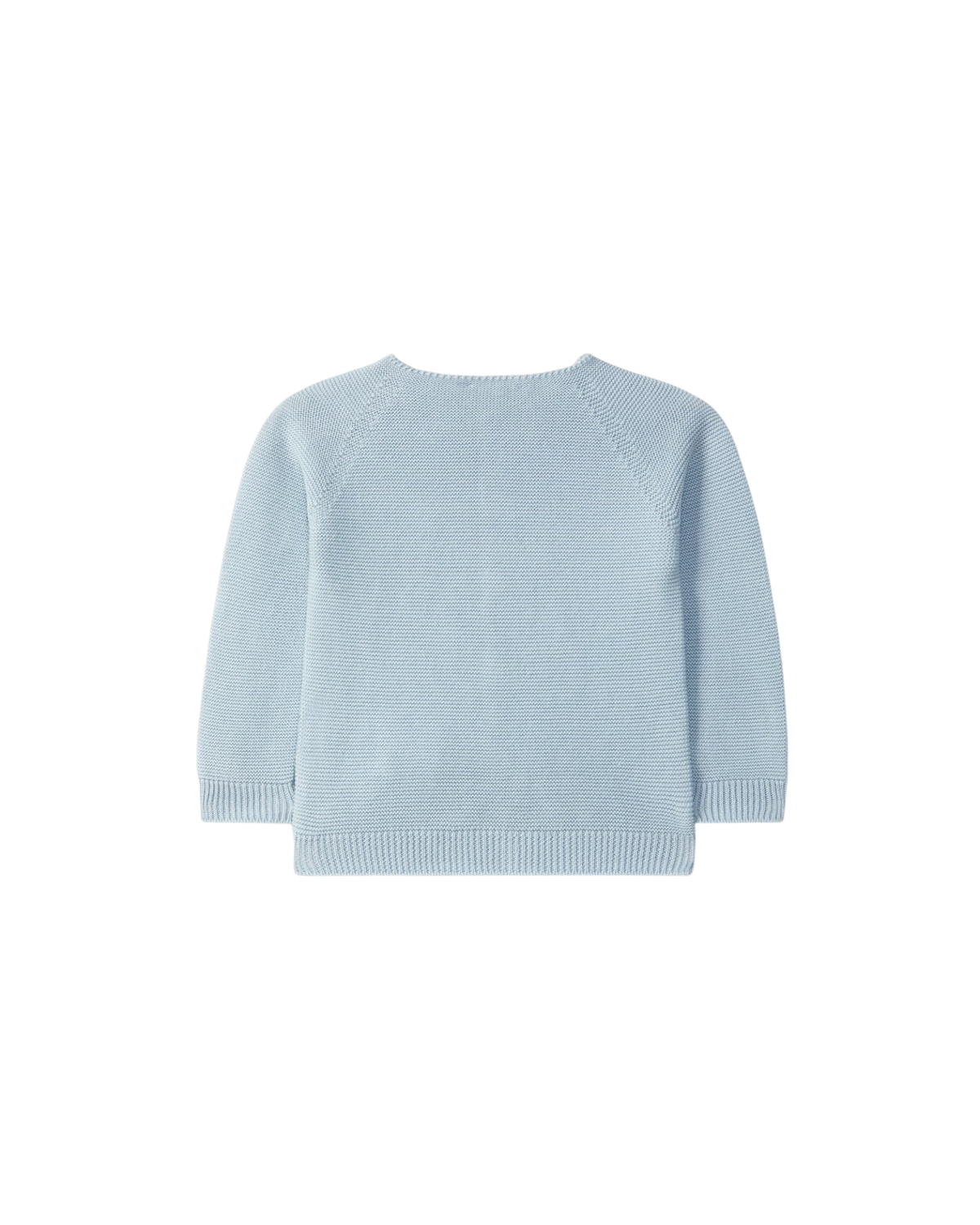 LilleLuxus Wedoble soft blue seamless merino wool baby cardigan, back view showing fine knit texture.