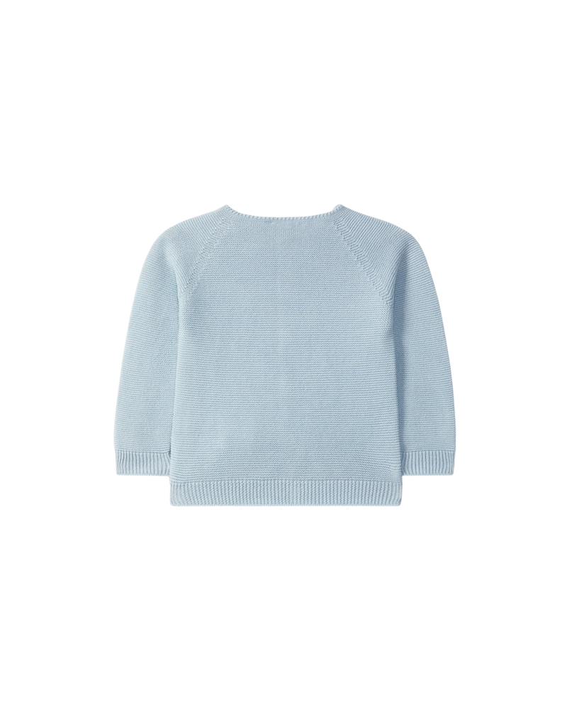 LilleLuxus Wedoble soft blue seamless merino wool baby cardigan, back view showing fine knit texture.