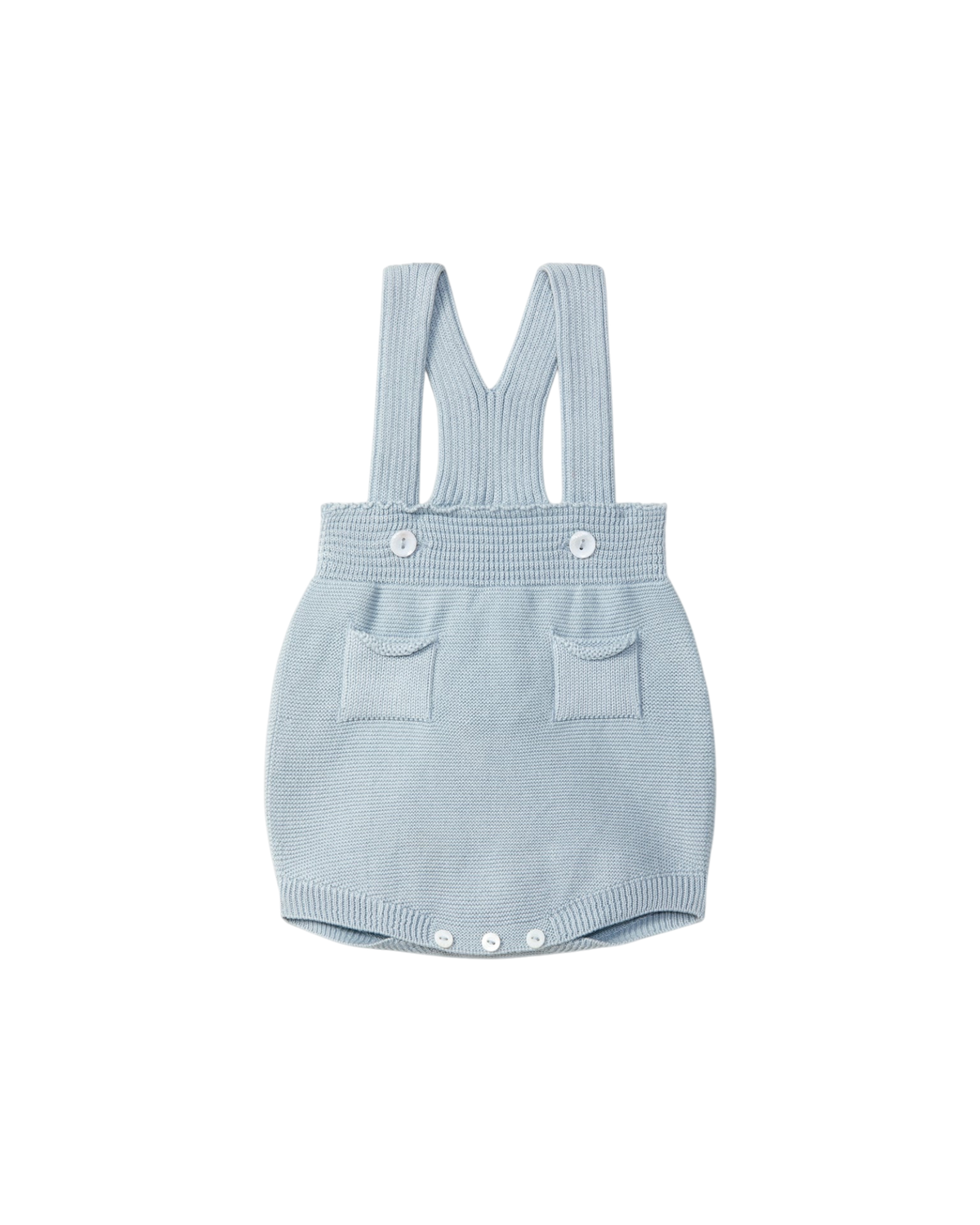 LilleLuxus Wedoble soft blue knitted merino wool baby romper with suspenders, front pockets, and pearl buttons
