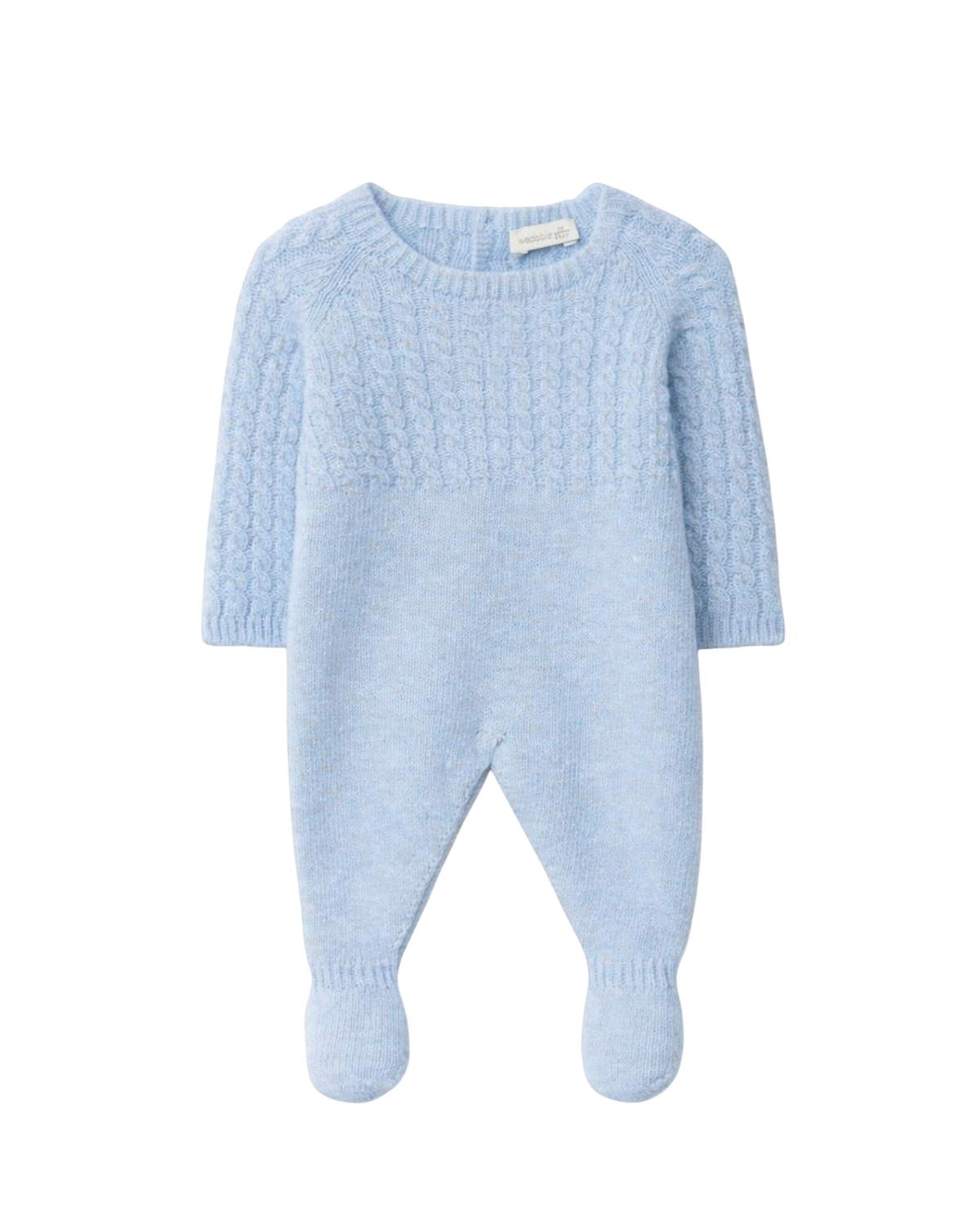 LilleLuxus Wedoble soft blue knitted wool baby romper with seamless Wholegarment construction and cable knit detail.
