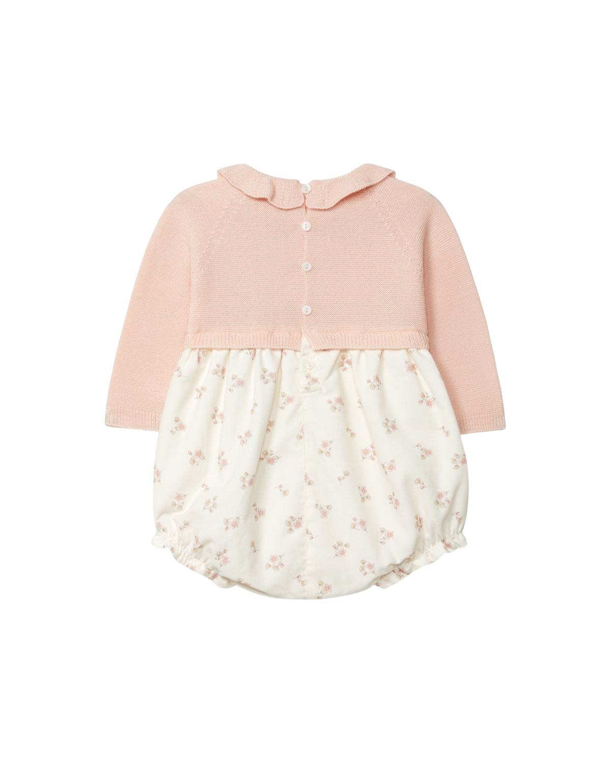 LilleLuxus Wedoble long-sleeved knit wool romper in pink with a floral print skirt and scalloped collar back view