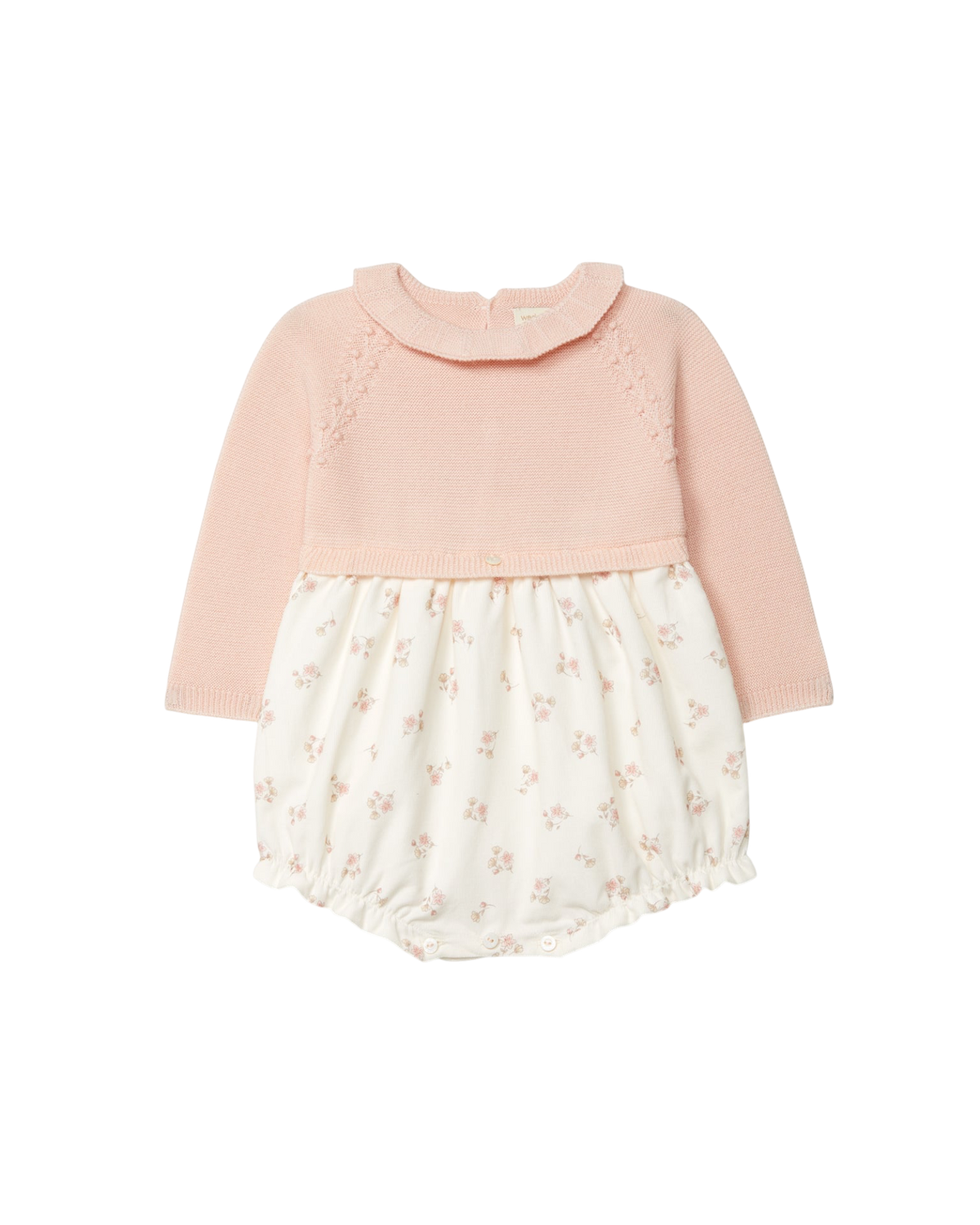 LilleLuxus Wedoble long-sleeved knitted wool romper in soft pink with a delicate floral print skirt and collar
