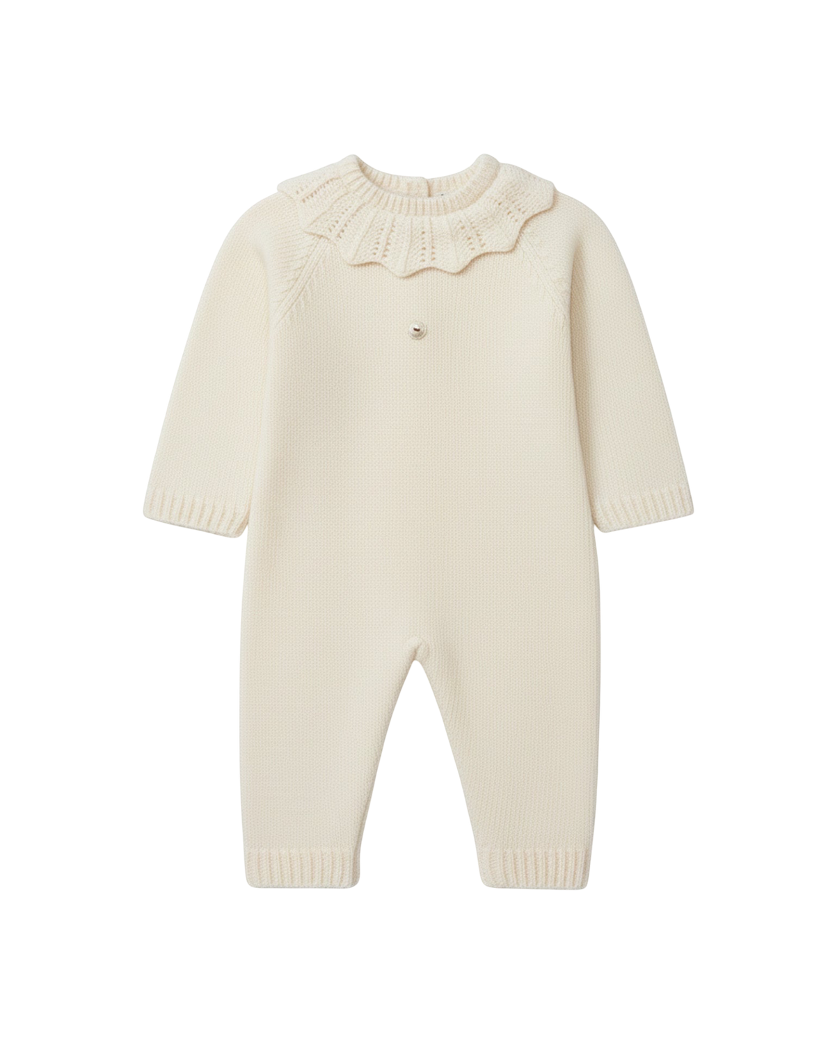 LilleLuxus Wedoble seamless pearl wool baby romper with a delicate ruffled collar and single button detail.