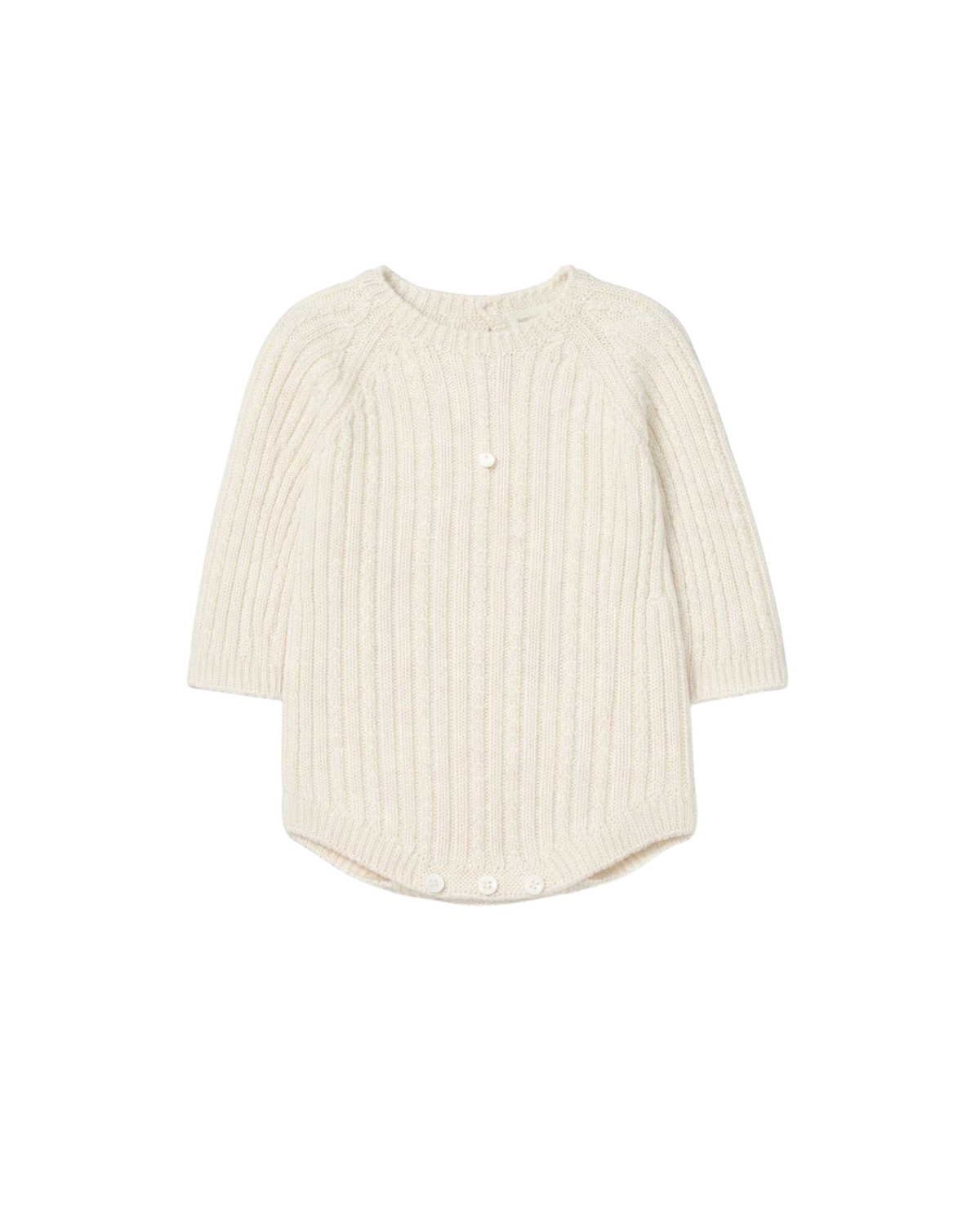LilleLuxus Wedoble seamless ribbed knit baby romper in pearl white 100% wool with button details