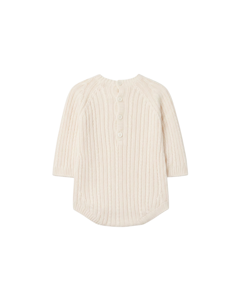 LilleLuxus Wedoble seamless pearl white knitted wool baby romper with long sleeves and back button closure