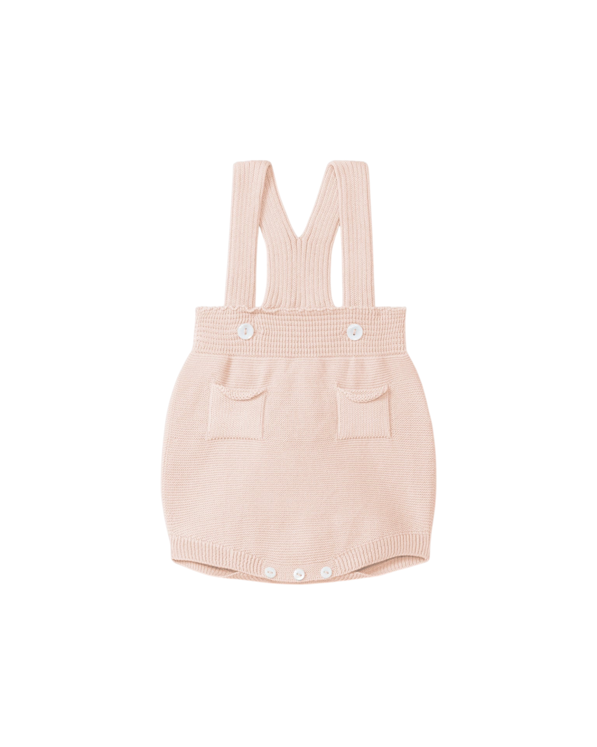 LilleLuxus Wedoble soft pink knitted merino wool baby romper with suspenders, front pockets, and pearl-like buttons.