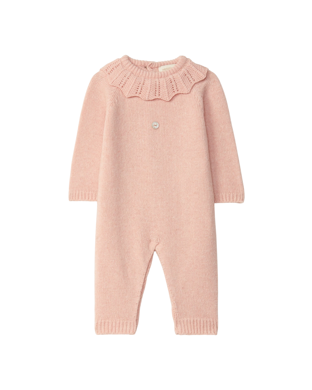 LilleLuxus Wedoble soft pink seamless knitted wool baby romper with a delicate ruffled collar and button detail.