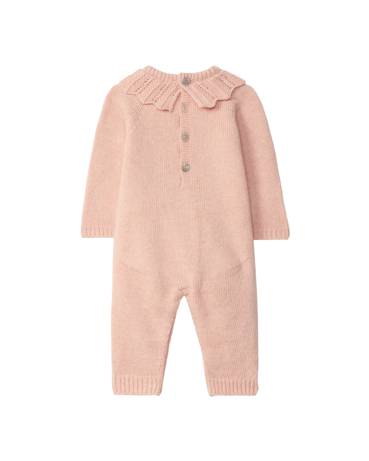 LilleLuxus Wedoble soft pink seamless wool baby romper with a delicate ruffled collar and button front closure.