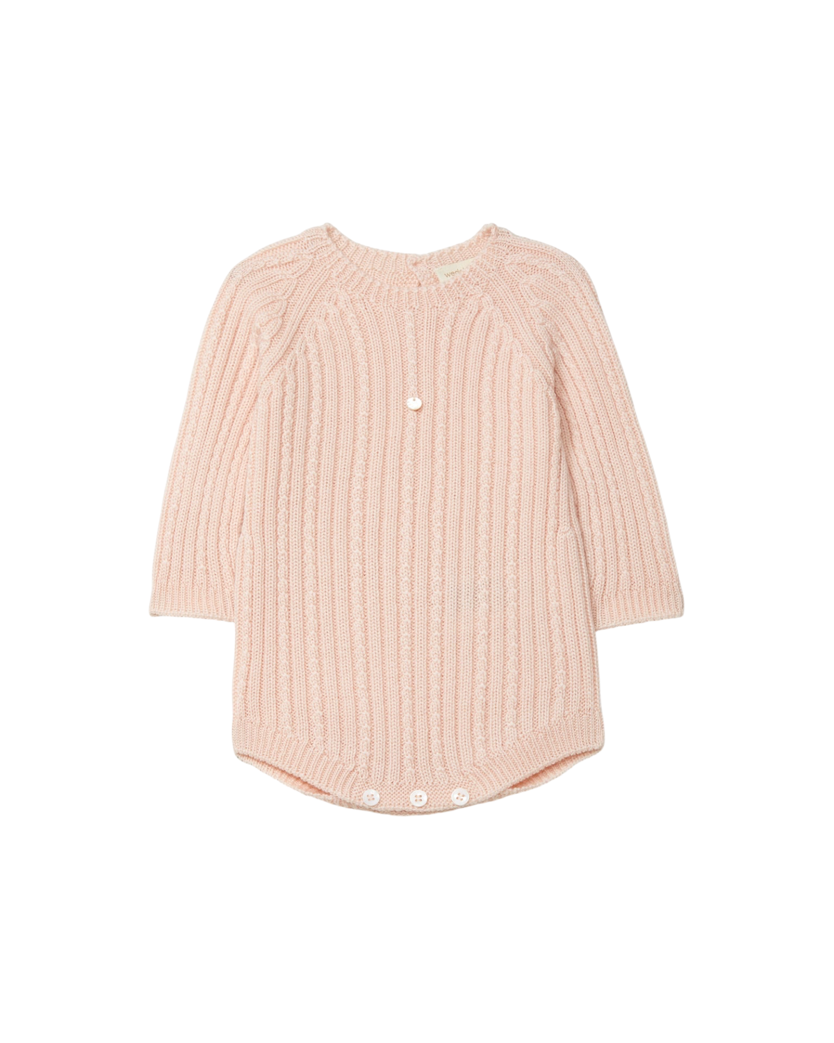 LilleLuxus Wedoble soft pink knitted wool baby romper with seamless Wholegarment construction and button details.