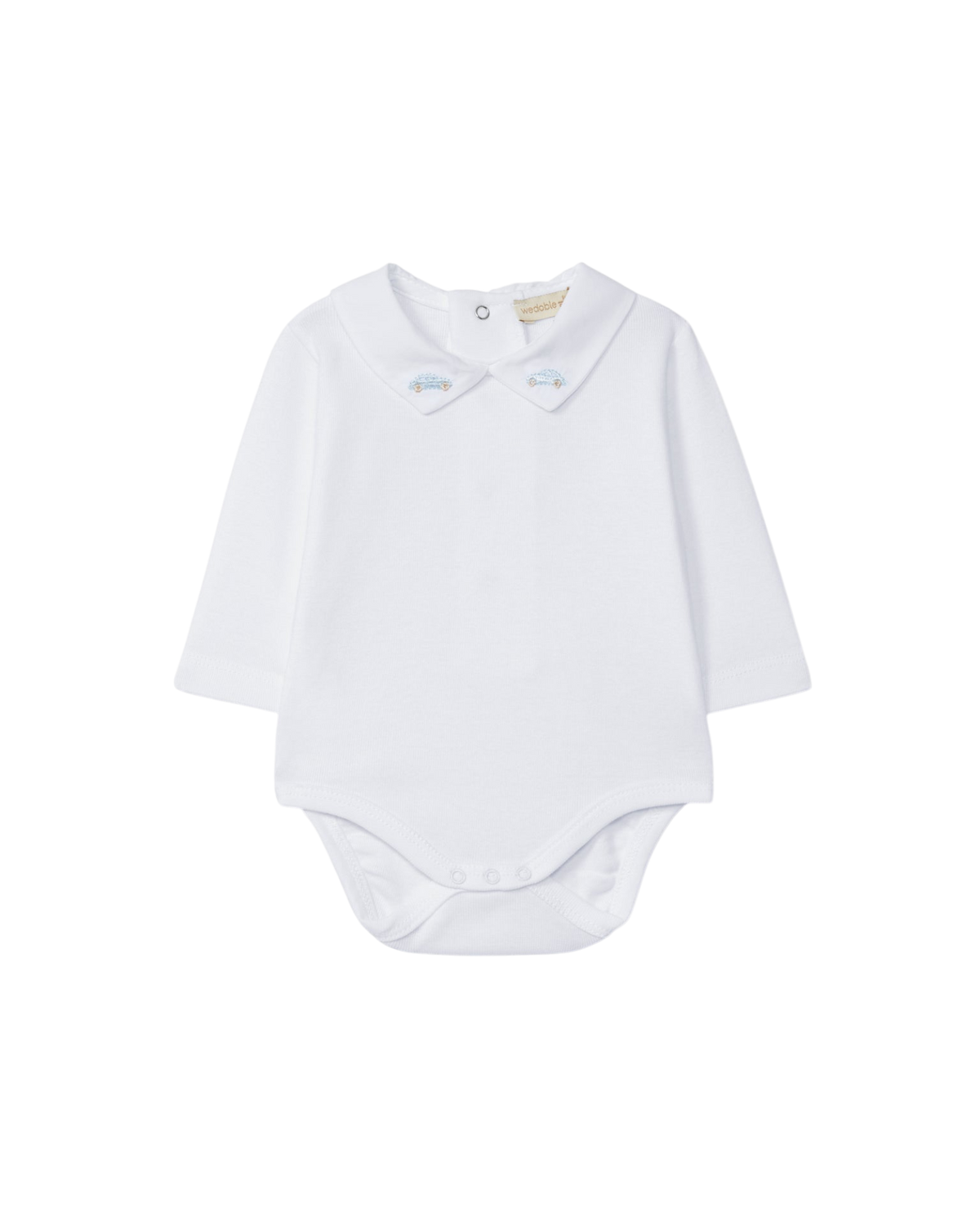 LilleLuxus Wedoble white long-sleeved baby bodysuit in soft cotton with a V-neck collar and embroidered blue car detail