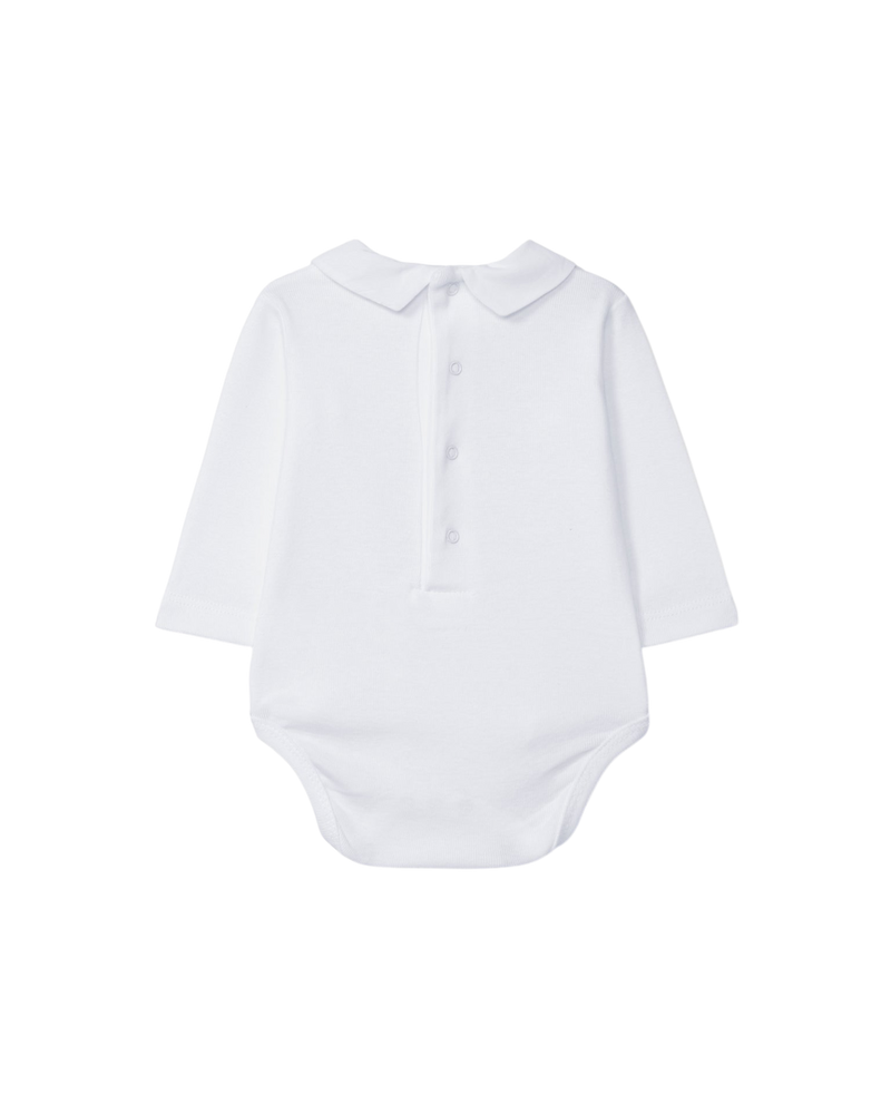 LilleLuxus Wedoble white long-sleeved baby bodysuit with a classic collar and back button closure in soft cotton.