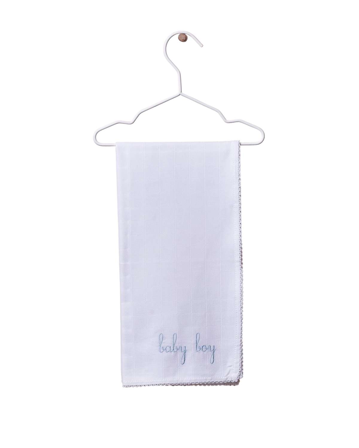LilleLuxus Wedoble white cotton baby swaddle with blue baby boy embroidery and delicate scalloped trim