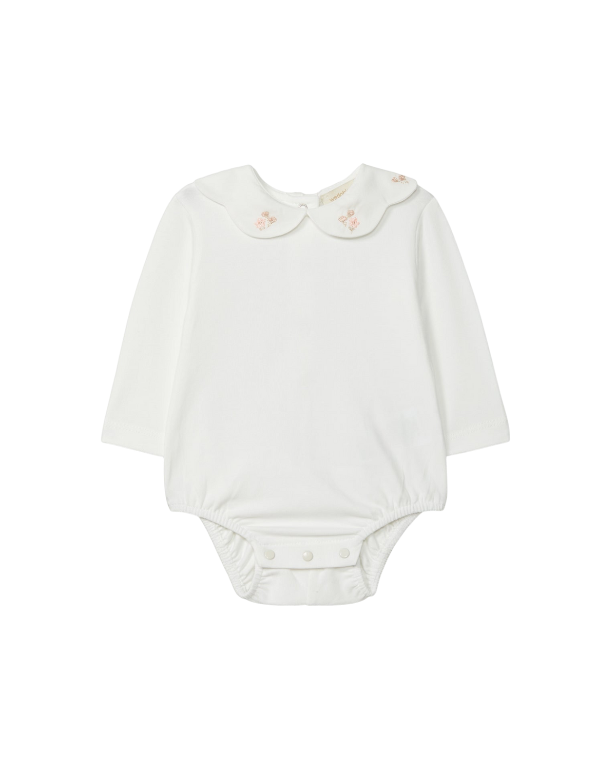 LilleLuxus Wedoble white long-sleeve baby bodysuit in soft cotton with a delicate floral embroidered Peter Pan collar