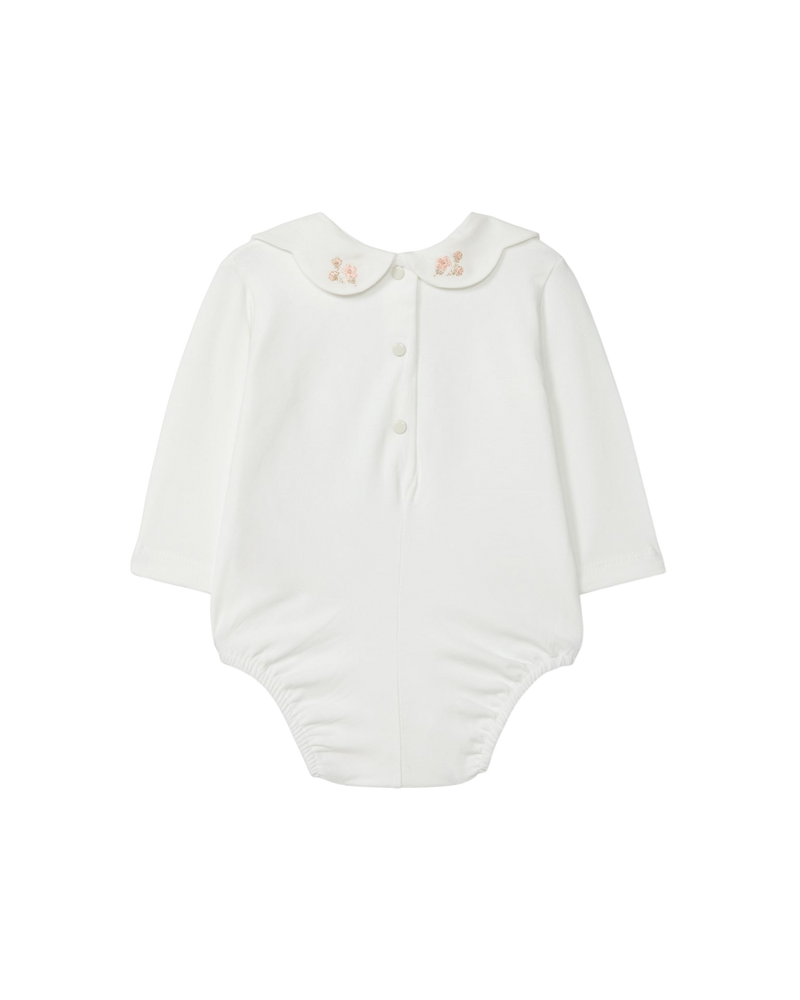 LilleLuxus Wedoble white long-sleeve baby bodysuit in soft cotton with a delicate floral collar and button back