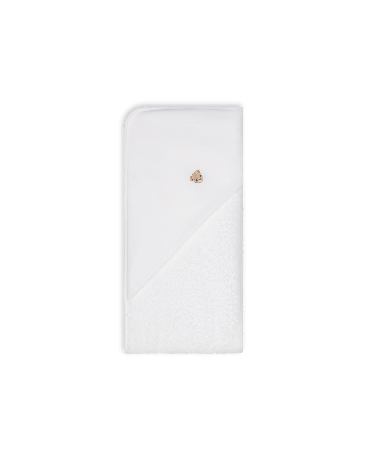 LilleLuxus white baby bath towel in soft cotton terry featuring a cute teddy bear motif for sensitive baby skin.